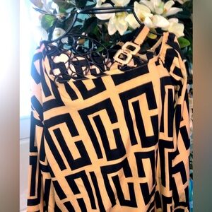 Cache’ Black and Tan Fendi Geometric Patterned Top